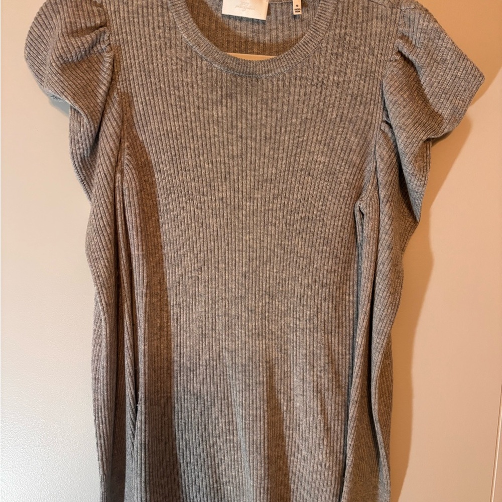Ribbed Puff-Sleeve Knit Top - Gray
